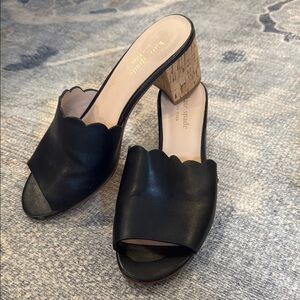 Kate Spade Black Leather Scalloped Chunky Heel Sandals